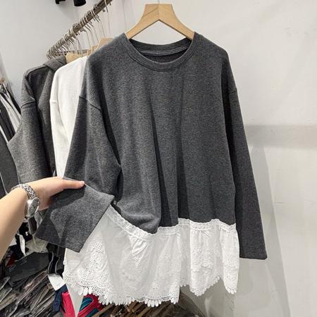 FA40858# 纯棉舒适款高级感欧货蕾丝拼接灰色长袖T恤女秋冬新款显瘦打底衫 服裝批發女裝批發服飾貨源