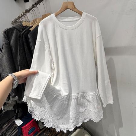 FA40858# 纯棉舒适款高级感欧货蕾丝拼接灰色长袖T恤女秋冬新款显瘦打底衫 服裝批發女裝批發服飾貨源