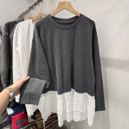 FA40858# 纯棉舒适款高级感欧货蕾丝拼接灰色长袖T恤女秋冬新款显瘦打底衫 服裝批發女裝批發服飾貨源