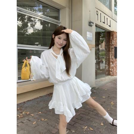 FA40860# 法式绑带设计感不规则飘逸肌理感连衣裙 服裝批發女裝批發服飾貨源