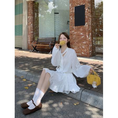 FA40860# 法式绑带设计感不规则飘逸肌理感连衣裙 服裝批發女裝批發服飾貨源