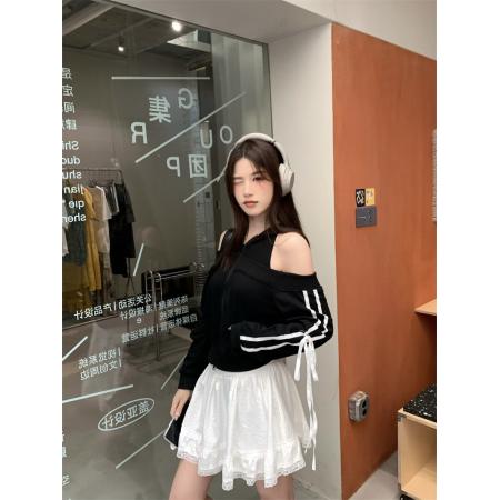 FA40861# 甜辣妹设计感露肩拉链卫衣+高腰蕾丝花边半身裙 服裝批發女裝批發服飾貨源