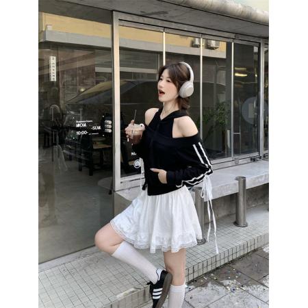 FA40861# 甜辣妹设计感露肩拉链卫衣+高腰蕾丝花边半身裙 服裝批發女裝批發服飾貨源