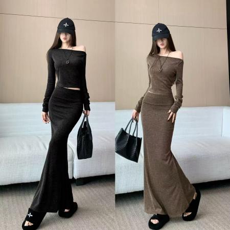 FA40869# 法式辣妹一直肩套装女秋季新款时尚短款上衣高腰显瘦鱼尾长裙 服裝批發女裝批發服飾貨源
