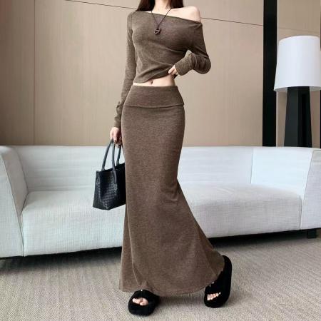 FA40869# 法式辣妹一直肩套装女秋季新款时尚短款上衣高腰显瘦鱼尾长裙 服裝批發女裝批發服飾貨源
