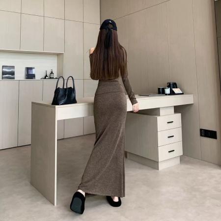 FA40869# 法式辣妹一直肩套装女秋季新款时尚短款上衣高腰显瘦鱼尾长裙 服裝批發女裝批發服飾貨源
