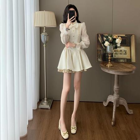 FA40872# 小香风高级感蝴蝶结蕾丝收腰长袖连衣裙女秋冬重工刺绣立领蓬蓬裙 服裝批發女裝批發服飾貨源