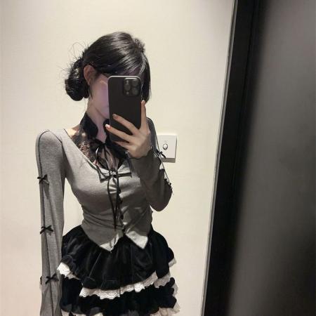 FA40873# 甜辣风蕾丝挂脖T恤女秋季芭蕾黑色灯芯绒短裙上衣蓬蓬蛋糕裙套装 服裝批發女裝批發服飾貨源