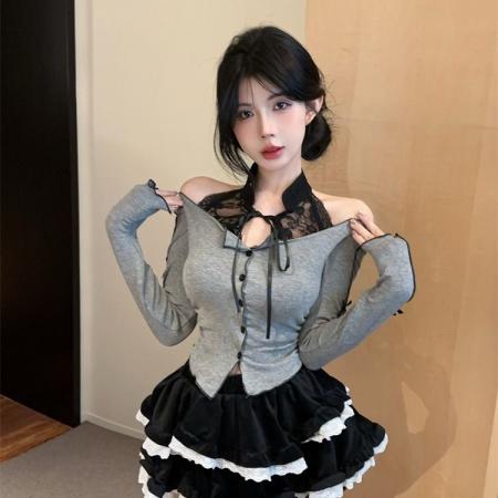 FA40873# 甜辣风蕾丝挂脖T恤女秋季芭蕾黑色灯芯绒短裙上衣蓬蓬蛋糕裙套装 服裝批發女裝批發服飾貨源