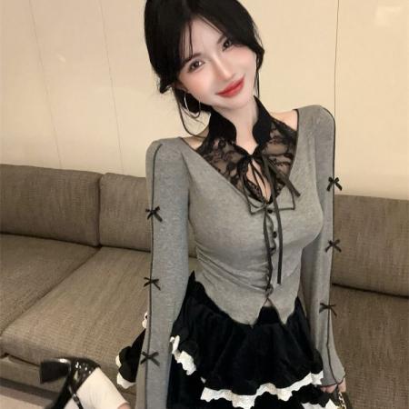 FA40873# 甜辣风蕾丝挂脖T恤女秋季芭蕾黑色灯芯绒短裙上衣蓬蓬蛋糕裙套装 服裝批發女裝批發服飾貨源