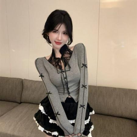 FA40873# 甜辣风蕾丝挂脖T恤女秋季芭蕾黑色灯芯绒短裙上衣蓬蓬蛋糕裙套装 服裝批發女裝批發服飾貨源