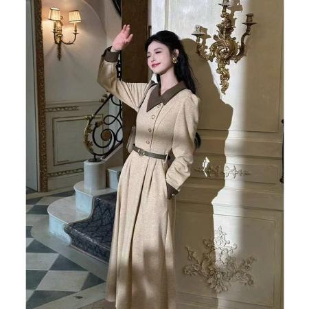 FA40874# 时尚轻奢高级感长袖拼接连衣裙秋季新品气质收腰裙子送腰带 服裝批發女裝批發服飾貨源