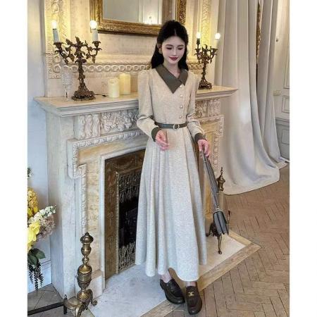 FA40874# 时尚轻奢高级感长袖拼接连衣裙秋季新品气质收腰裙子送腰带 服裝批發女裝批發服飾貨源
