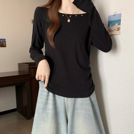 FA40876# 斜领露肩铆钉长袖t恤打底衫女秋冬新款掐腰显瘦辣妹短款上衣 服裝批發女裝批發服飾貨源