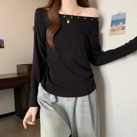 FA40876# 斜领露肩铆钉长袖t恤打底衫女秋冬新款掐腰显瘦辣妹短款上衣 服裝批發女裝批發服飾貨源