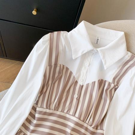 FA40878# 秋季减龄上衣叠穿衬衣收腰小香风条纹拼接衬衫女 服裝批發女裝批發服飾貨源