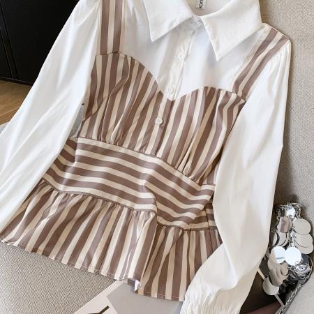 FA40878# 秋季减龄上衣叠穿衬衣收腰小香风条纹拼接衬衫女 服裝批發女裝批發服飾貨源