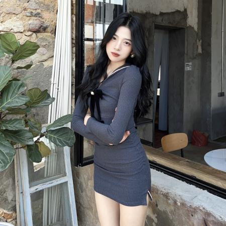 FA40879# 撞色蝴蝶结海军领长袖连衣裙女秋冬季韩版学院风修身包臀裙子短裙 服裝批發女裝批發服飾貨源