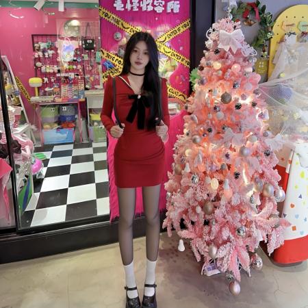 FA40879# 撞色蝴蝶结海军领长袖连衣裙女秋冬季韩版学院风修身包臀裙子短裙 服裝批發女裝批發服飾貨源