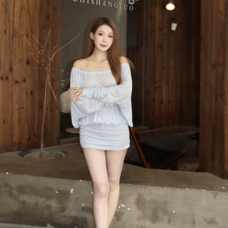 FA40881# 蓝色一字肩长袖连衣裙女秋季显瘦收腰裙子蝙蝠袖纯欲辣妹包臀短裙 服裝批發女裝批發服飾貨源