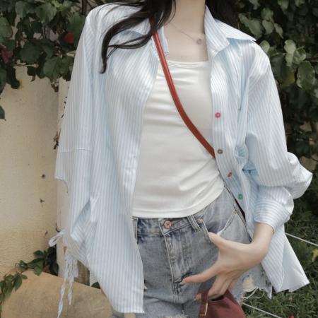 FA40883# 秋季新款彩色纽扣系带条纹长袖衬衫女宽松衬衣外套潮 服裝批發女裝批發服飾貨源