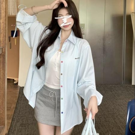 FA40883# 秋季新款彩色纽扣系带条纹长袖衬衫女宽松衬衣外套潮 服裝批發女裝批發服飾貨源