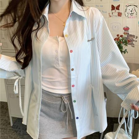 FA40883# 秋季新款彩色纽扣系带条纹长袖衬衫女宽松衬衣外套潮 服裝批發女裝批發服飾貨源