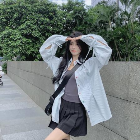 FA40883# 秋季新款彩色纽扣系带条纹长袖衬衫女宽松衬衣外套潮 服裝批發女裝批發服飾貨源