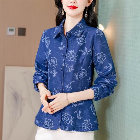 FA40884# 秋季棉衬衫上衣女印花设计感收腰翻领洋气减龄上衣长袖衬衣 服裝批發女裝批發服飾貨源