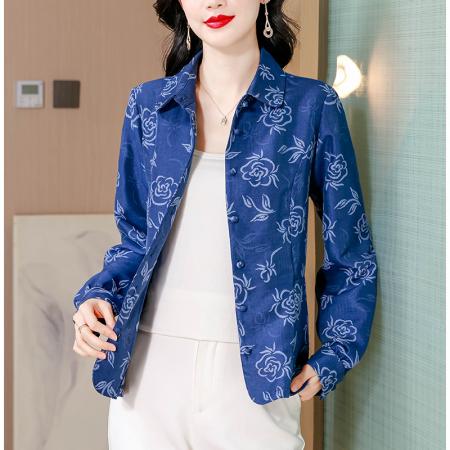 FA40884# 秋季棉衬衫上衣女印花设计感收腰翻领洋气减龄上衣长袖衬衣 服裝批發女裝批發服飾貨源