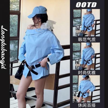 FA40888# 春季新款气质高级感通勤百搭斜肩蕾丝袖口衬衣上衣女 服裝批發女裝批發服飾貨源