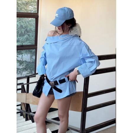 FA40888# 春季新款气质高级感通勤百搭斜肩蕾丝袖口衬衣上衣女 服裝批發女裝批發服飾貨源