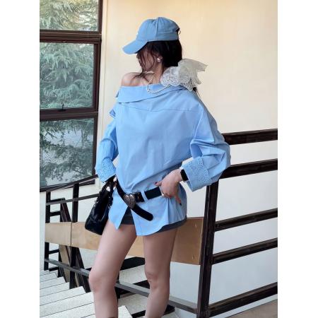 FA40888# 春季新款气质高级感通勤百搭斜肩蕾丝袖口衬衣上衣女 服裝批發女裝批發服飾貨源