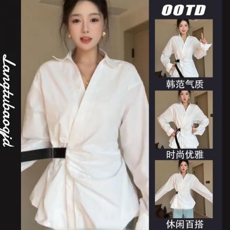 FA40889# 韩版高级感时尚气质设计感皮带收腰Polo领长袖衬衫女别致上衣衬衣 服裝批發女裝批發服飾貨源