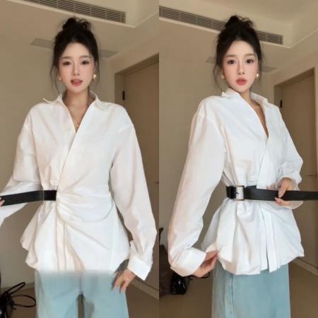 FA40889# 韩版高级感时尚气质设计感皮带收腰Polo领长袖衬衫女别致上衣衬衣 服裝批發女裝批發服飾貨源