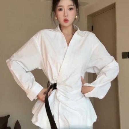 FA40889# 韩版高级感时尚气质设计感皮带收腰Polo领长袖衬衫女别致上衣衬衣 服裝批發女裝批發服飾貨源