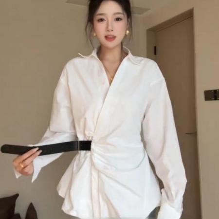 FA40889# 韩版高级感时尚气质设计感皮带收腰Polo领长袖衬衫女别致上衣衬衣 服裝批發女裝批發服飾貨源