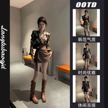 FA40890# 法式高级感印花西装v领泡泡长袖衬衫女春绑带皮半身短裙两件套装 服裝批發女裝批發服飾貨源