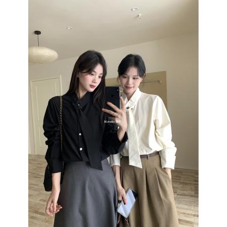 FA40891# 法式衬衫女别致上衣系带气质衬衣长袖春季设计感宽松短款小衫 服裝批發女裝批發服飾貨源