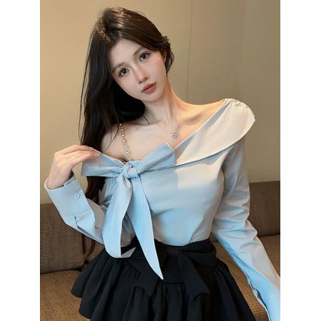 FA40896# 港味时尚斜肩设计感蝴蝶结链条长袖露肩衬衫 服裝批發女裝批發服飾貨源