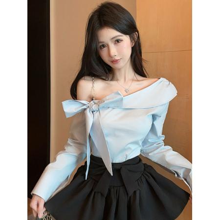 FA40896# 港味时尚斜肩设计感蝴蝶结链条长袖露肩衬衫 服裝批發女裝批發服飾貨源