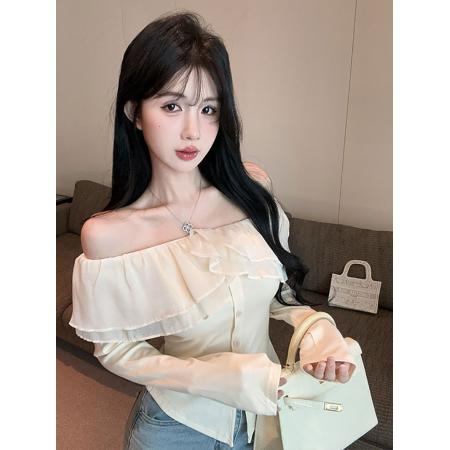 FA40897# 设计感荷叶边一字领纽扣长袖针织衫纯欲露肩上衣女 服裝批發女裝批發服飾貨源