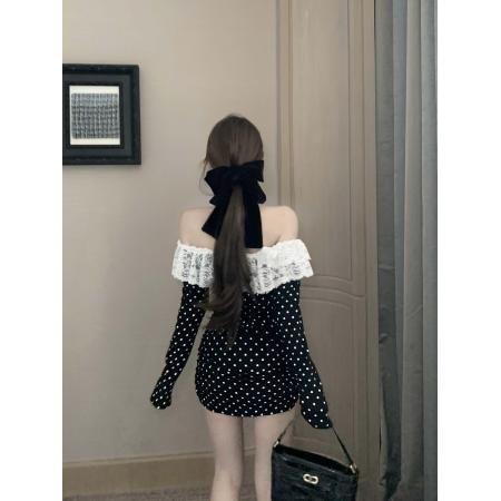 FA40899# 蝴蝶结印花波点修身连衣裙蕾丝边收腰一字肩包臀裙 服裝批發女裝批發服飾貨源
