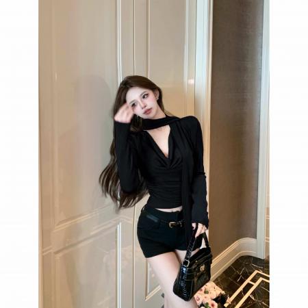 FA40900# 辣妹纯欲风飘带荡领长袖T恤设计感修身显瘦上衣女 服裝批發女裝批發服飾貨源