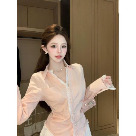 FA40901# 纯欲拼接蕾丝花边辣妹掐腰收褶显瘦长袖衬衫上衣女 服裝批發女裝批發服飾貨源