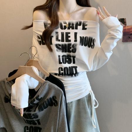 FA40906# 胖MM大码女装秋季新款一字露肩V领印花长袖T恤遮肚上衣潮 服裝批發女裝批發服飾貨源