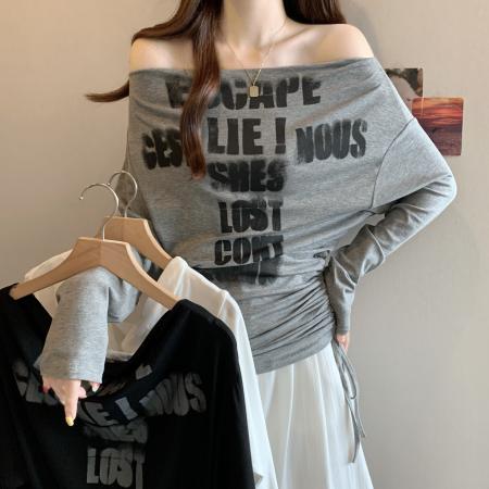 FA40906# 胖MM大码女装秋季新款一字露肩V领印花长袖T恤遮肚上衣潮 服裝批發女裝批發服飾貨源