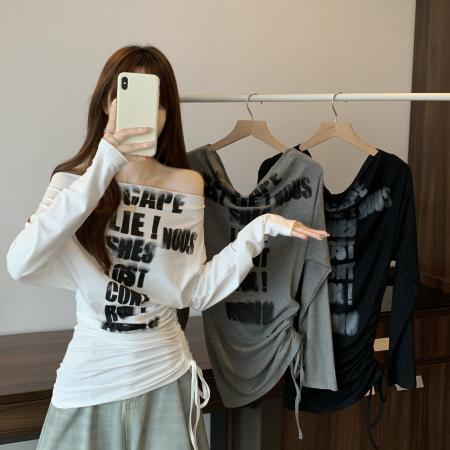 FA40906# 胖MM大码女装秋季新款一字露肩V领印花长袖T恤遮肚上衣潮 服裝批發女裝批發服飾貨源