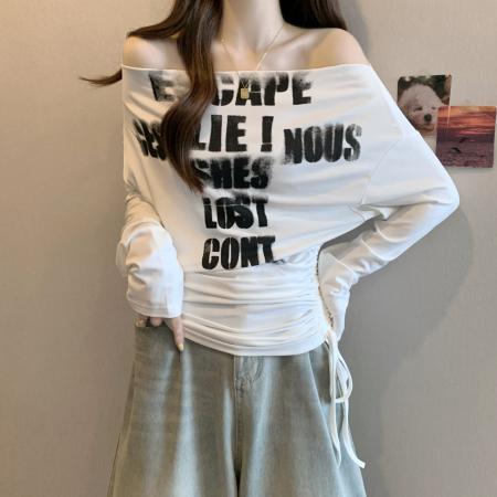 FA40906# 胖MM大码女装秋季新款一字露肩V领印花长袖T恤遮肚上衣潮 服裝批發女裝批發服飾貨源