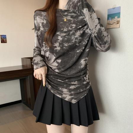 FA40907# 胖MM大码女装秋季新款扎染设计感长袖T恤一字露肩上衣潮 服裝批發女裝批發服飾貨源